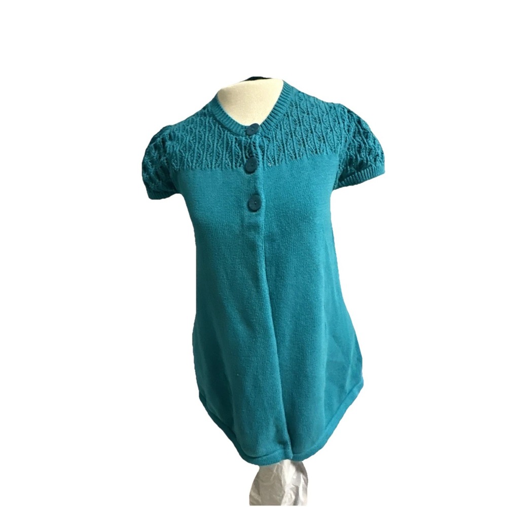 Eight Eight Eight Teal Short Sleeves Cardigan Open Knit Pattern Women's S VTG